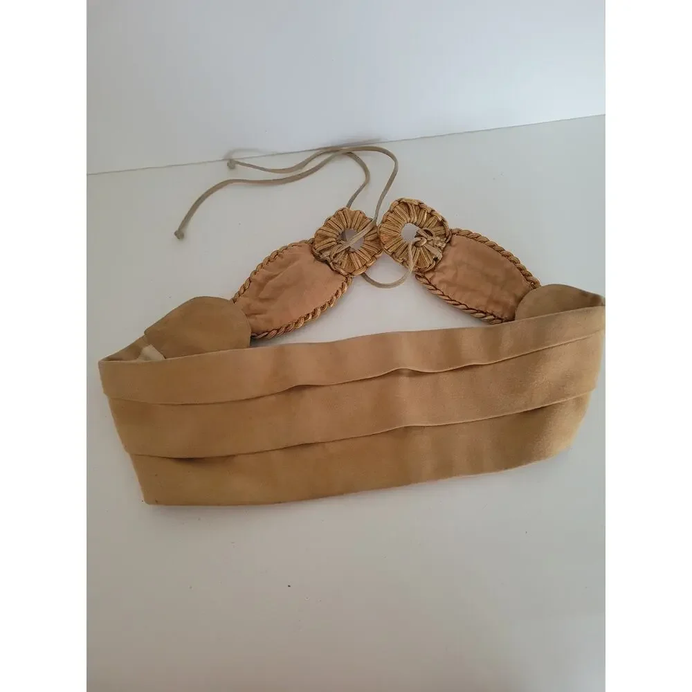 Loewe Vintage Reindeer Leather Silk Belt Braided Wide Tie Size 40 Fit 36 Tan Bei